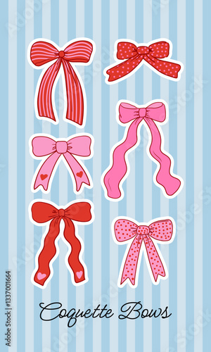 Set of coquette pink bows. Girly and cute sticker pack with ribbons. Vector hand drawn illustration