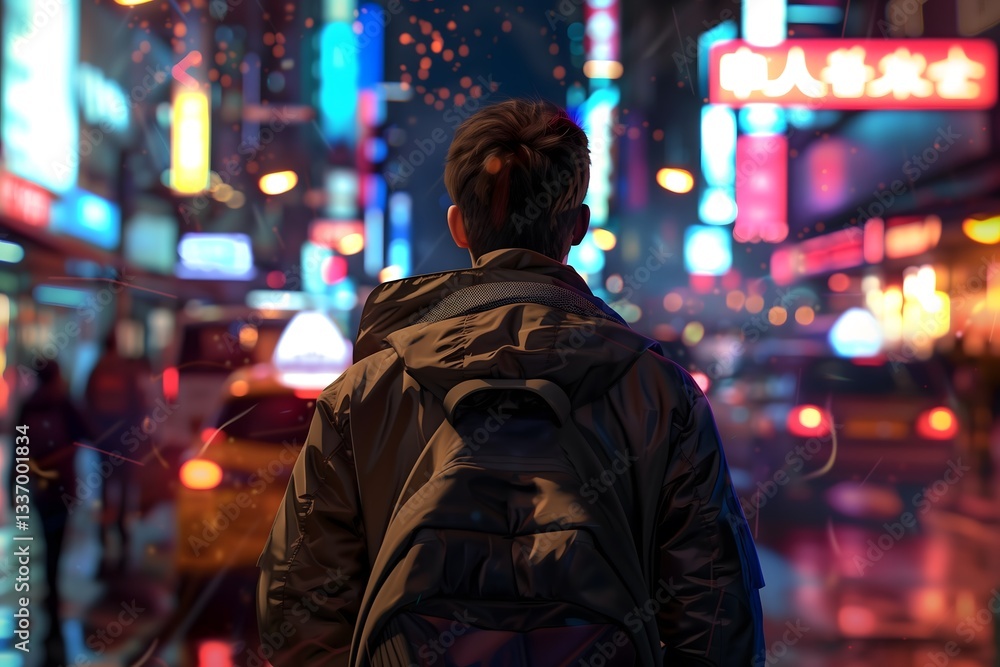 Realistic Back View of a Traveler Walking Through a Vibrant City Street at Night with Neon Lights Realistic Back View of a Traveler Walking Through a Vibrant City Street at Night with Neon Lights