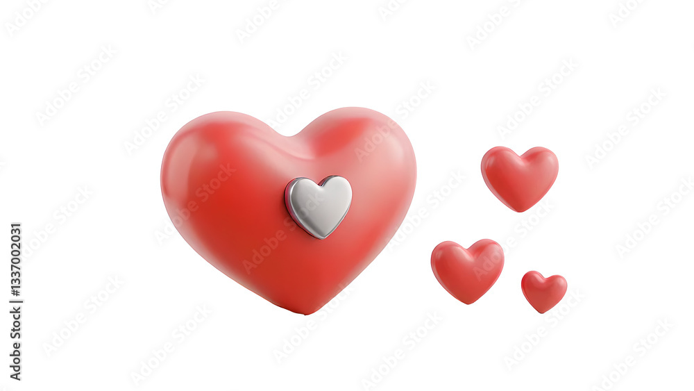 Heart shapes isolated on a transparent background with metallic accent and small variations displayed creatively