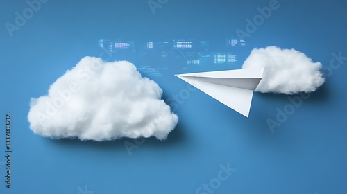 Paper plane flying between clouds, digital data