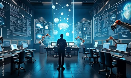 Wallpaper Mural Futuristic Tech Control Room: A Man Overseeing AI-Powered Systems Torontodigital.ca