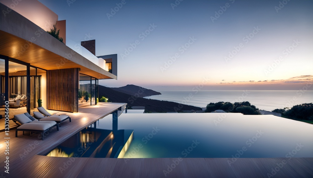 Fototapeta premium 2층 고급 주택앞에 인피니티 풀이 위치한 모습