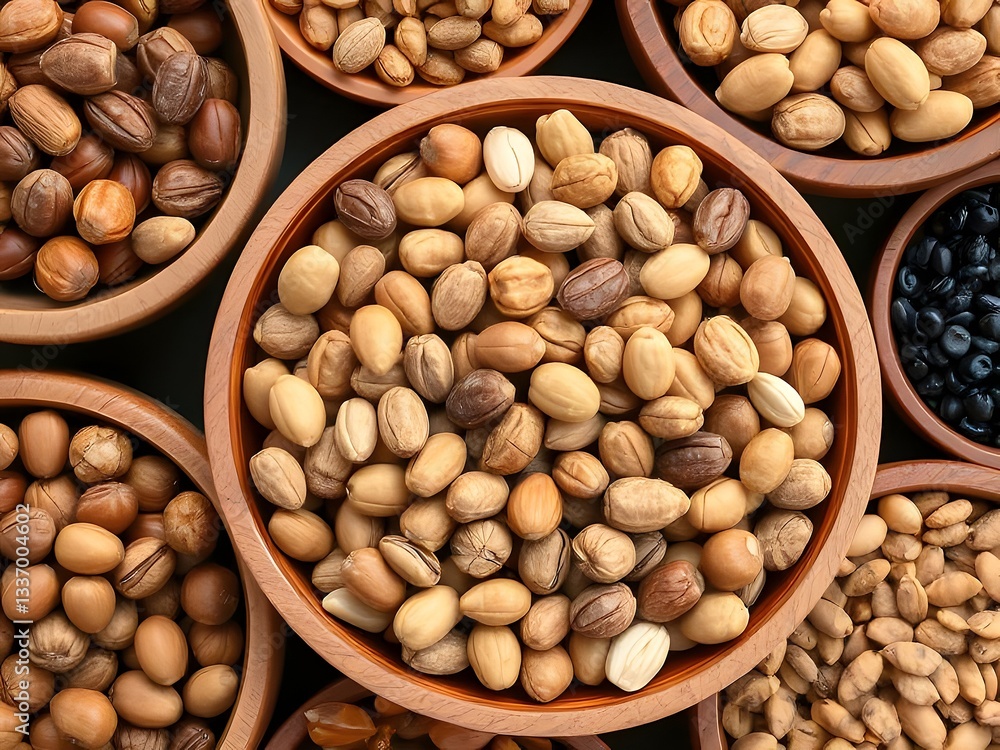 Overhead view of assorted nuts in wooden bowls. Overhead view of assorted nuts in wooden bowls.