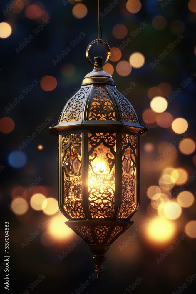 A lantern hanging from a string with warm lights behind, suitable for evening or night scenes A lantern hanging from a string with warm lights behind, suitable for evening or night scenes