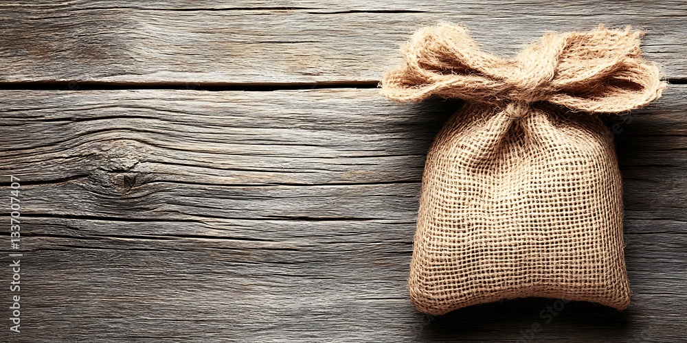 Burlap sack on rustic wood
