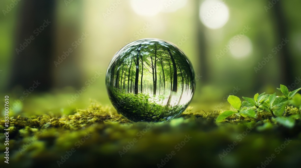 Lush Green Forest Reflected in Droplets of Water on Moss Lush Green Forest Reflected in Droplets of Water on Moss