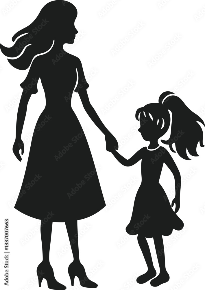 Fototapeta premium Elegant Mother and Daughter Holding Hands Silhouette – Vector Illustration for Mother’s Day