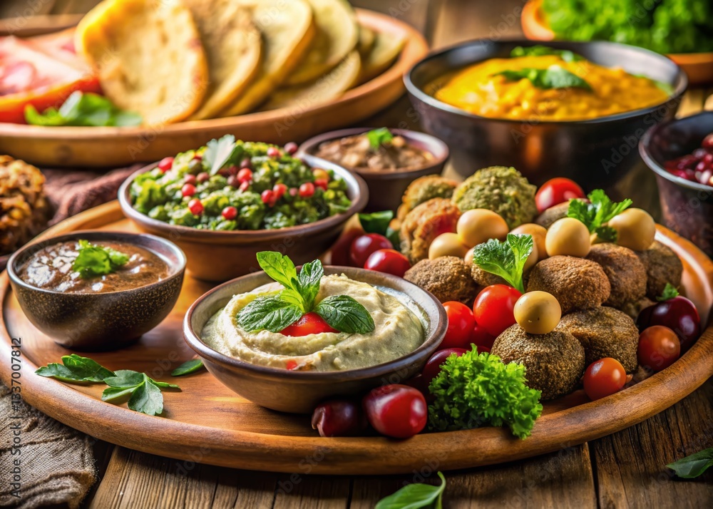 Delicious Middle Eastern Food Platter: Tilt-Shift Photography of Hummus, Falafel, and More Delicious Middle Eastern Food Platter: Tilt-Shift Photography of Hummus, Falafel, and More