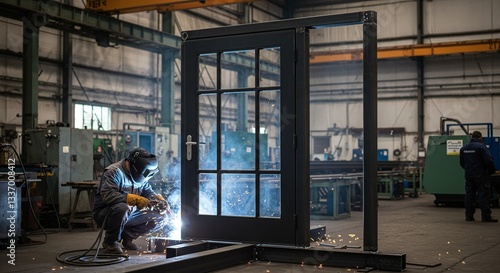 Metalworker welding door frame in factory. Sparks fly in this scene of craftsmanship and industrial skill. Safety gear worn.