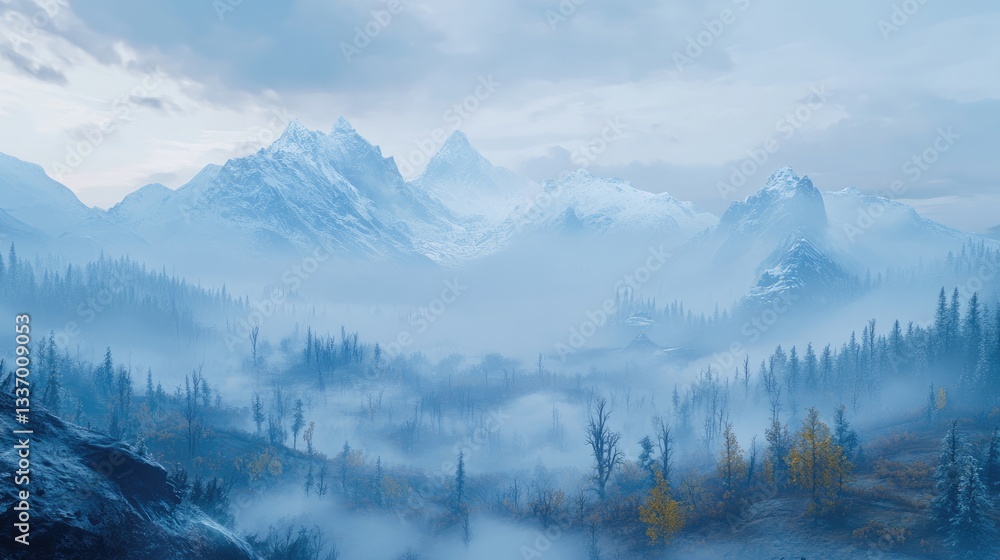 Obraz premium Misty Mountain Majesty: A Breathtaking Winter Landscape