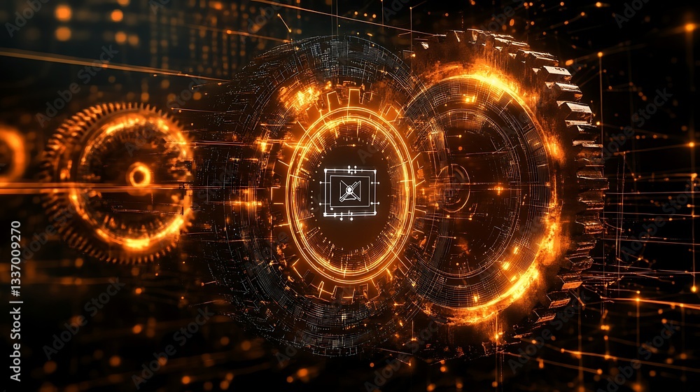 Glowing gears, digital network, abstract background