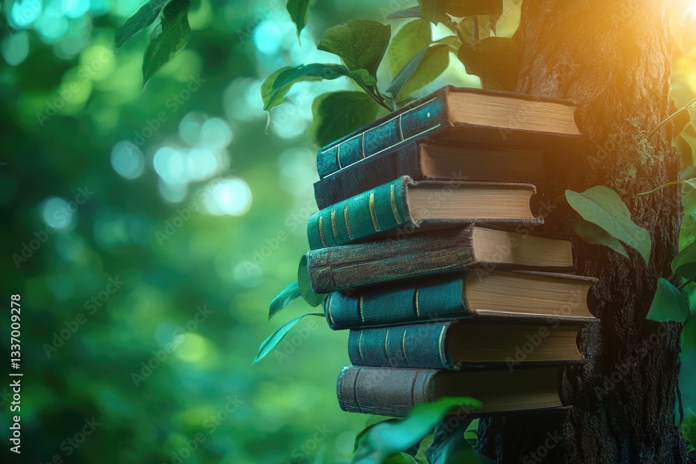 Fototapeta premium Stack of books placed on top of a tree trunk