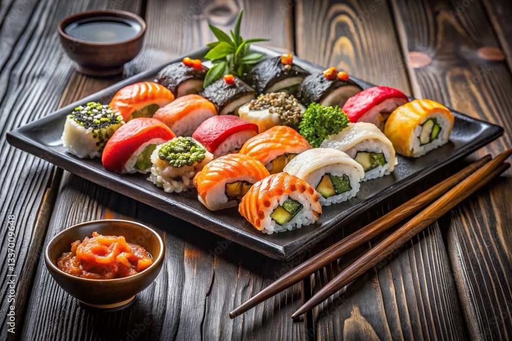 Delicious Sushi Plate with Chopsticks, Copy Space - Asian Cuisine Food Photography Delicious Sushi Plate with Chopsticks, Copy Space - Asian Cuisine Food Photography