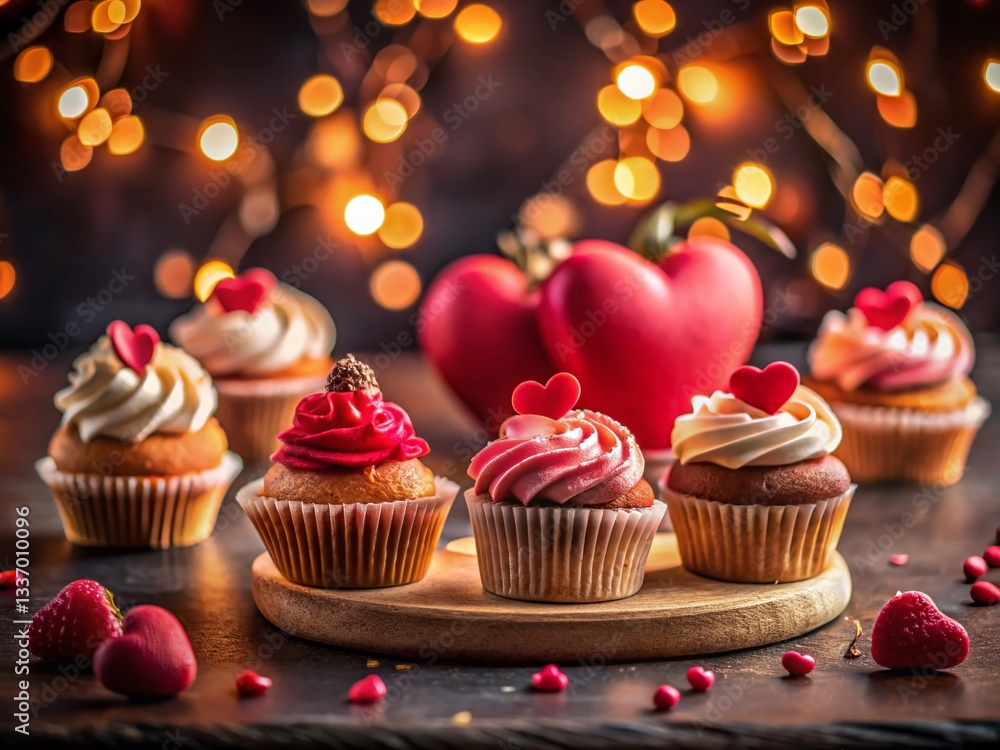 Delicious Valentine's Day Cakes and Cupcakes with Heart Decorations - Night Photography Delicious Valentine's Day Cakes and Cupcakes with Heart Decorations - Night Photography