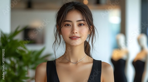 Elegant asian woman with natural makeup and a sleek necklace, posing indoors with a serene expression and blurred background. Free Download Elegant asian woman with natural makeup and a sleek necklace, posing indoors with a serene expression and blurred background. - GFXLoad