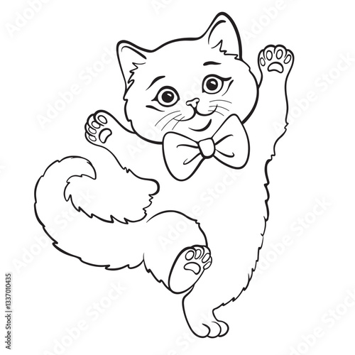 Cute cat kitten with a bow is dancing coloring page. For kids coloring book