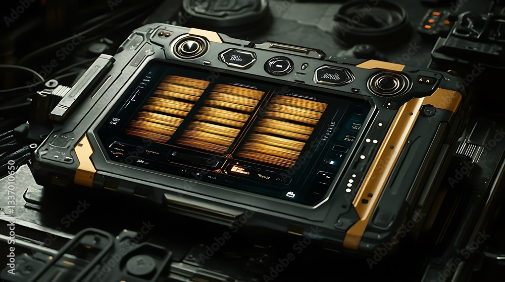 Futuristic device, dark tech, interface