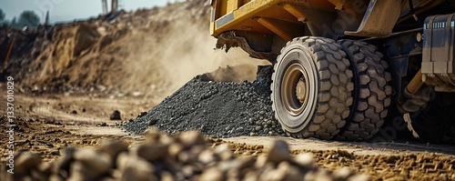 Powerful dump truck wheel in a dusty construction site environment, heavy machinery