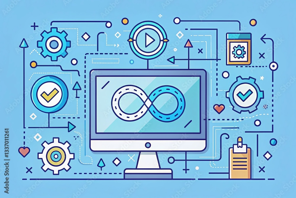 DevOps Workflow: Web Banner Illustration with Monitor, Build, Test, Deploy, Release & Code Icons DevOps Workflow: Web Banner Illustration with Monitor, Build, Test, Deploy, Release & Code Icons