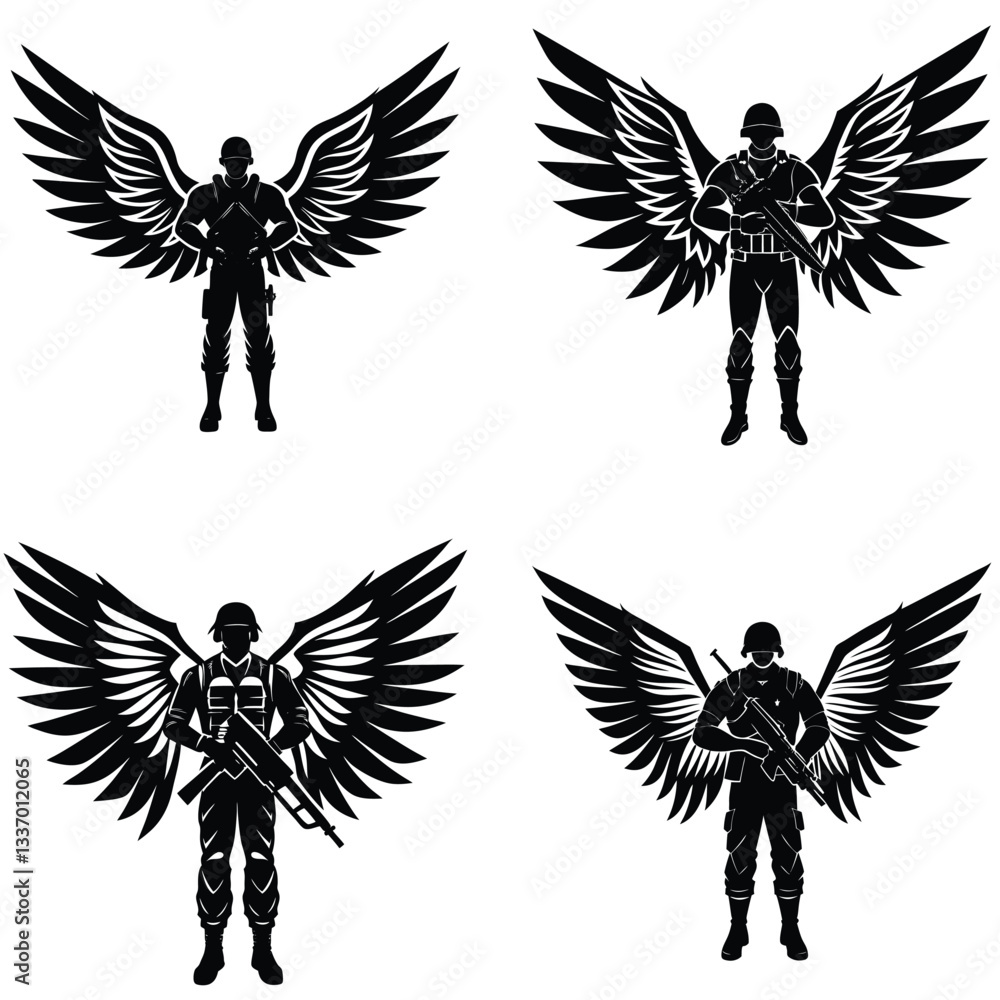 Obraz premium Set of vector silhouettes of wings featuring birds, eagles, doves, and hawks in flight, ideal for tribal or tattoo designs, with a focus on feathers and flight symbolism