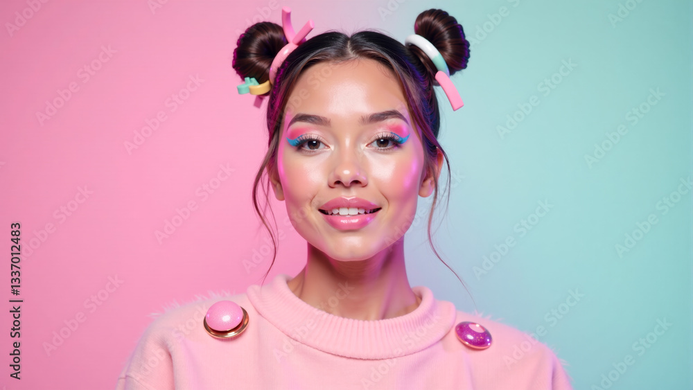 Bright pastel makeup style showcased by a young woman with playful hairstyle on a pink background during a cheerful photoshoot Bright pastel makeup style showcased by a young woman with playful hairstyle on a pink background during a cheerful photoshoot