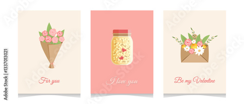 Greeting Card Set. A set of greeting cards for Valentine's Day. I Love You. Vector cute illustrations with festive decorative elements, light bulbs, hearts, bouquet, postal envelope and inscriptions.