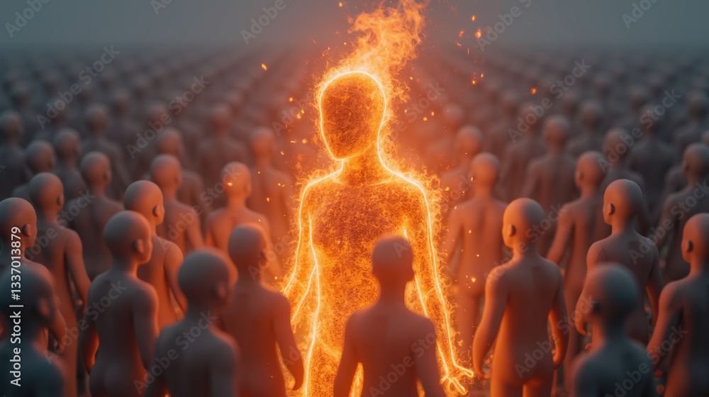 Obraz premium Fiery figure stands out among crowd of faceless humanoid figures, symbolizing individuality and passion