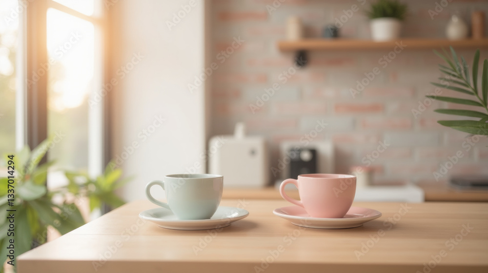 serene kitchen scene featuring pastel cups on wooden table, surrounded by greenery and soft sunlight serene kitchen scene featuring pastel cups on wooden table, surrounded by greenery and soft sunlight