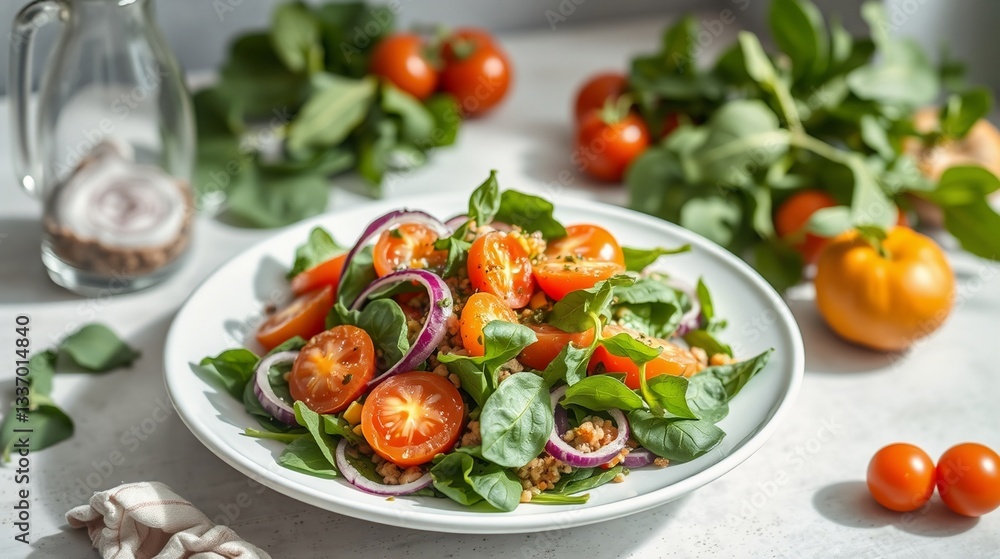Vibrant Fresh Salad with Spinach, Tomatoes, and Onions on a Rustic Table Vibrant Fresh Salad with Spinach, Tomatoes, and Onions on a Rustic Table