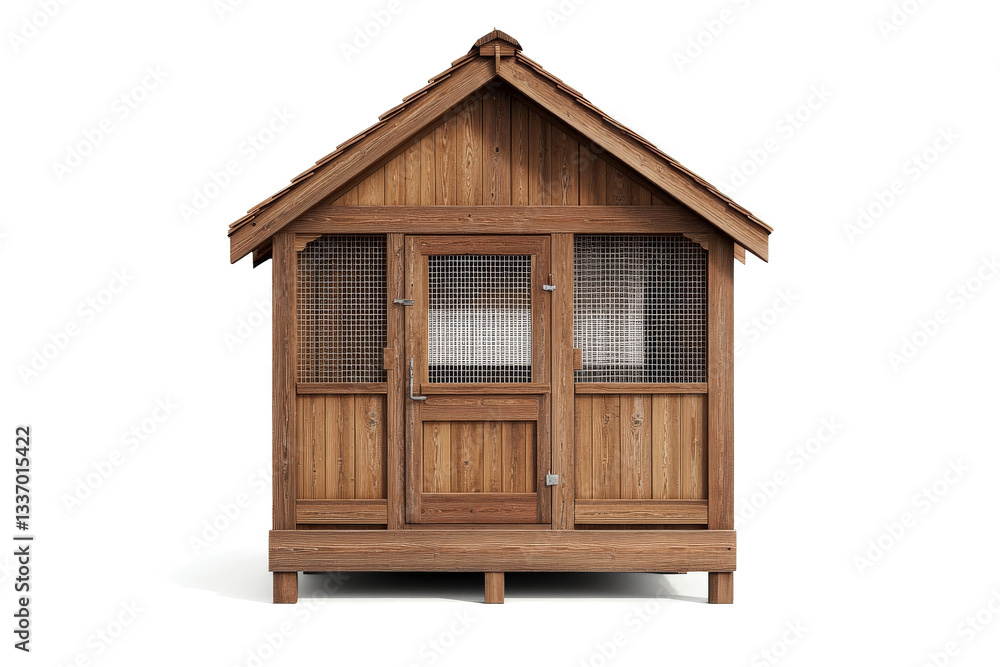 a small wooden chicken coop with a door and window cutout image and isolated on transparent background
