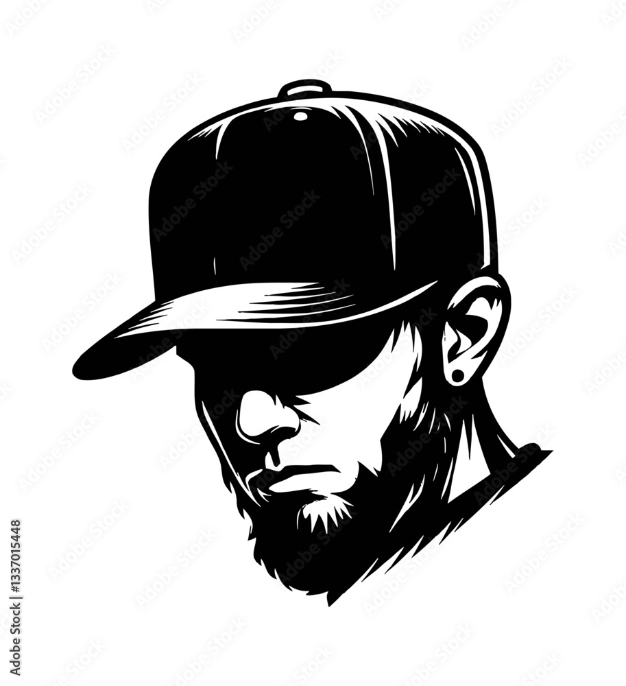 Silhouette of Man with Beard Wearing Cap Lowering Head in Monochrome Vector Art Silhouette of Man with Beard Wearing Cap Lowering Head in Monochrome Vector Art