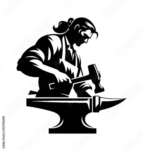 Blacksmith at work with hammer on anvil in Black and White Silhouette Vector Illustration
