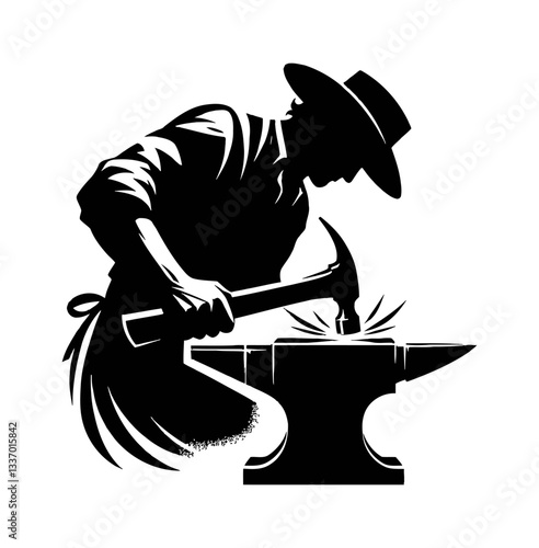 Blacksmith Hitting Metal with Hammer on Anvil Silhouette in Hat and Apron Isolated