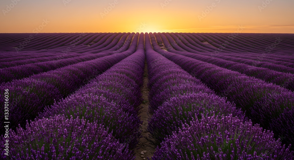 Naklejka premium Lavender Fields in Bloom at Sunrise with Golden Horizon and Purple Rows