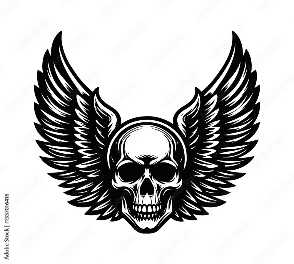 Monochrome Vector Graphic Illustration of a Skull with Wings Flanking the Sides in Detailed Design Monochrome Vector Graphic Illustration of a Skull with Wings Flanking the Sides in Detailed Design
