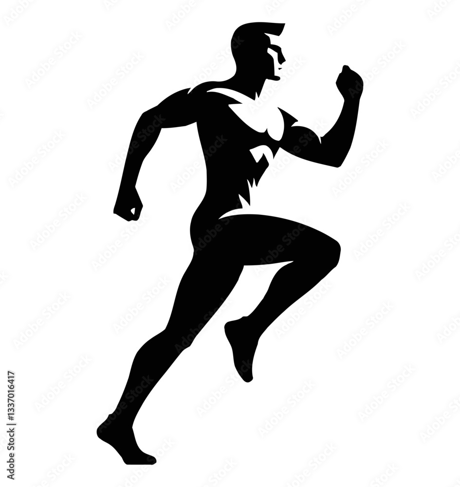 Silhouette of Muscular Man Running with Arm Raised Viewed from the Side in Black and White Silhouette of Muscular Man Running with Arm Raised Viewed from the Side in Black and White