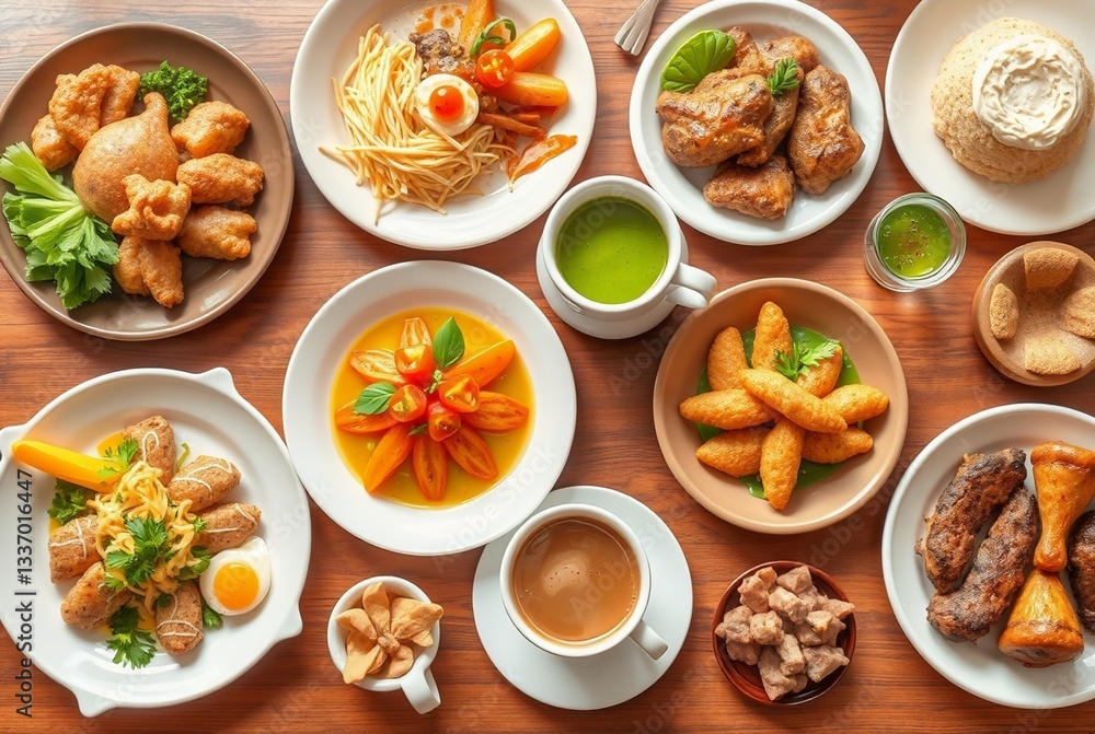 A Diverse Array of International Cuisine Served on Elegant Tableware A Diverse Array of International Cuisine Served on Elegant Tableware