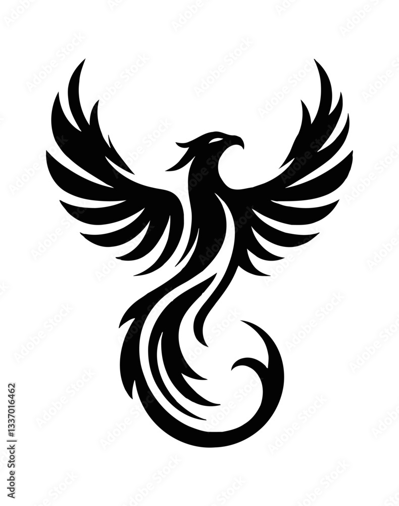 Fototapeta premium Black and white drawing of phoenix with wings spread and flowing tail, vector illustration