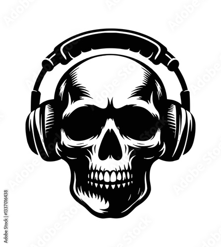 Skull Wearing Headphones Graphic Vector Illustration in Black and White Isolated