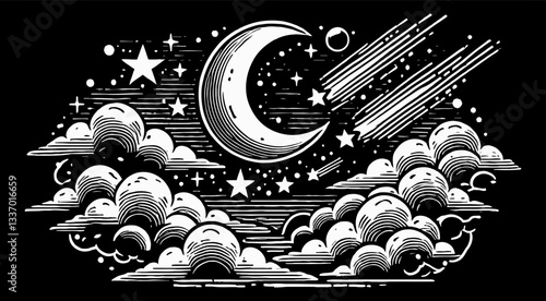 Crescent Moon and Stars with Clouds and Comet in Night Sky Engraved Style Black and White
