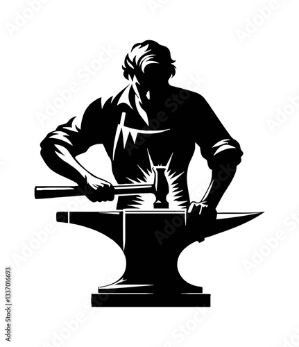 Blacksmith hammering metal on anvil silhouette vector illustration for craftsmanship concept