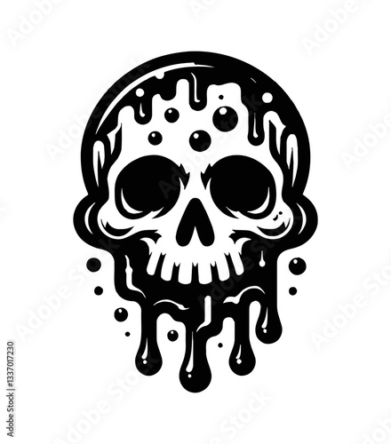 Melting skull in black and white vector illustration, halloween theme, scary dripping skull