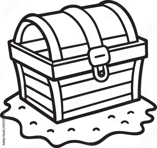 treasure chest beach line art, black outline, vector and illustration, coloring book page line art drawing