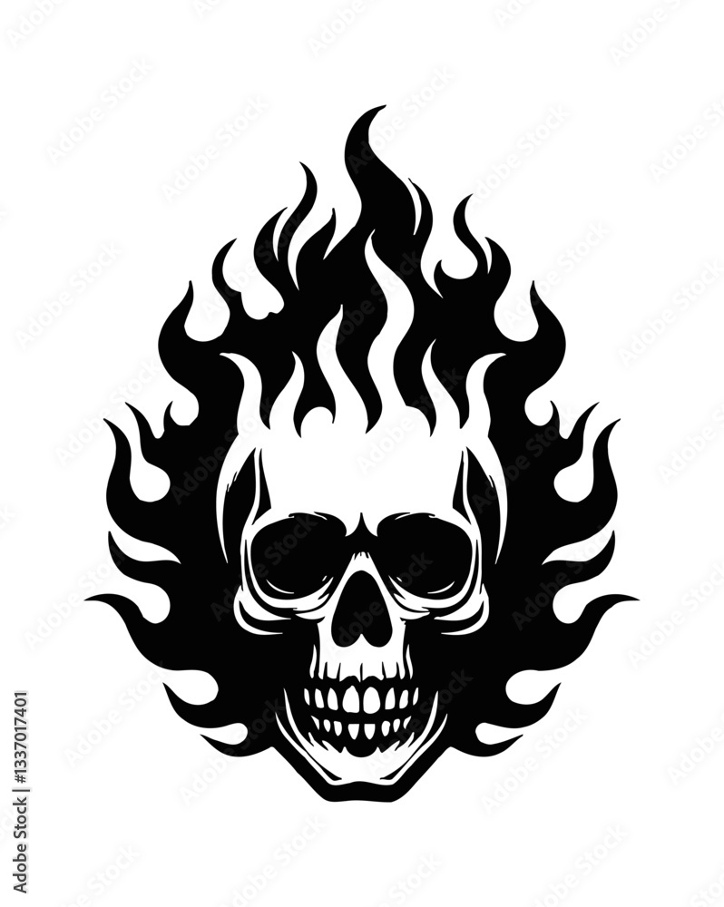 Skull with flame on the head, black and white drawing vector illustration design concept Skull with flame on the head, black and white drawing vector illustration design concept