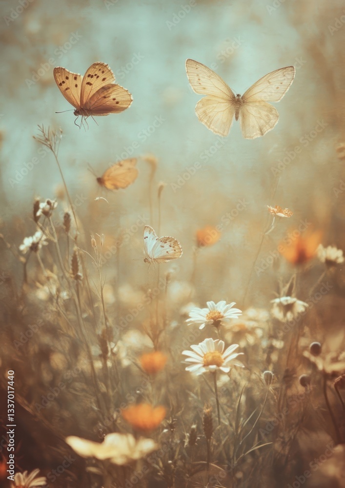 Fototapeta premium Nostalgic wildflower butterflies butterfly flowers.