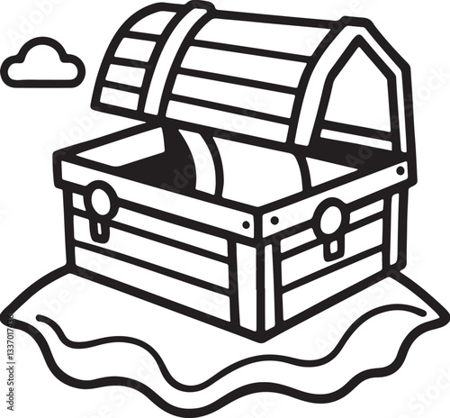 treasure chest beach line art, black outline, vector and illustration, coloring book page line art drawing