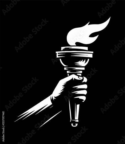 Arm Holding Torch With Burning Flame Illustration in White Color on Black Background Vector