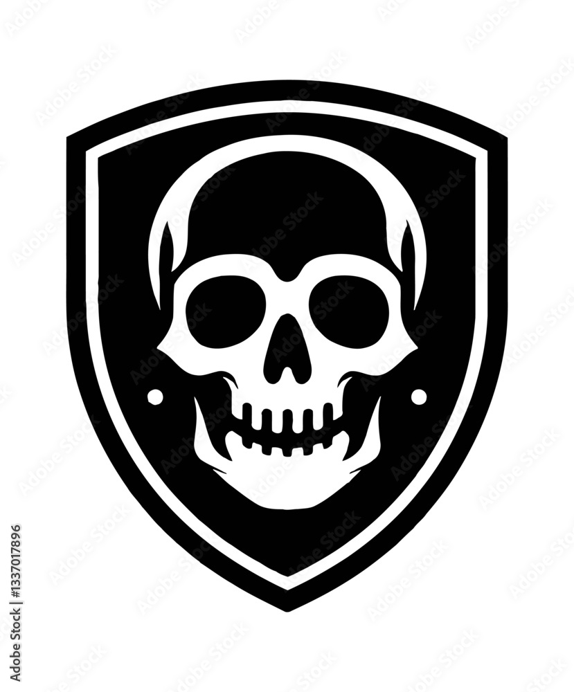 Fototapeta premium Skull emblem on a black shield shape, vector illustration isolated on white background
