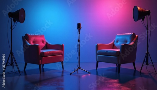 Modern Podcast Setup Vibrant and Professional Dual-Tone Environment for Captivating Conversations