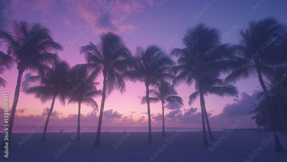 Silhouetted palm trees on a beach at sunrise. Soft, pastel colors Silhouetted palm trees on a beach at sunrise. Soft, pastel colors